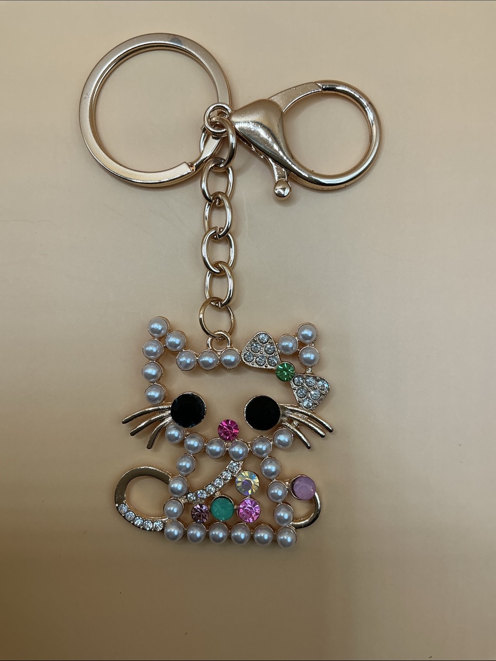 Kitty Cat Sparkly Rhinestone-Faux Pearl Keychain/Bag Charm